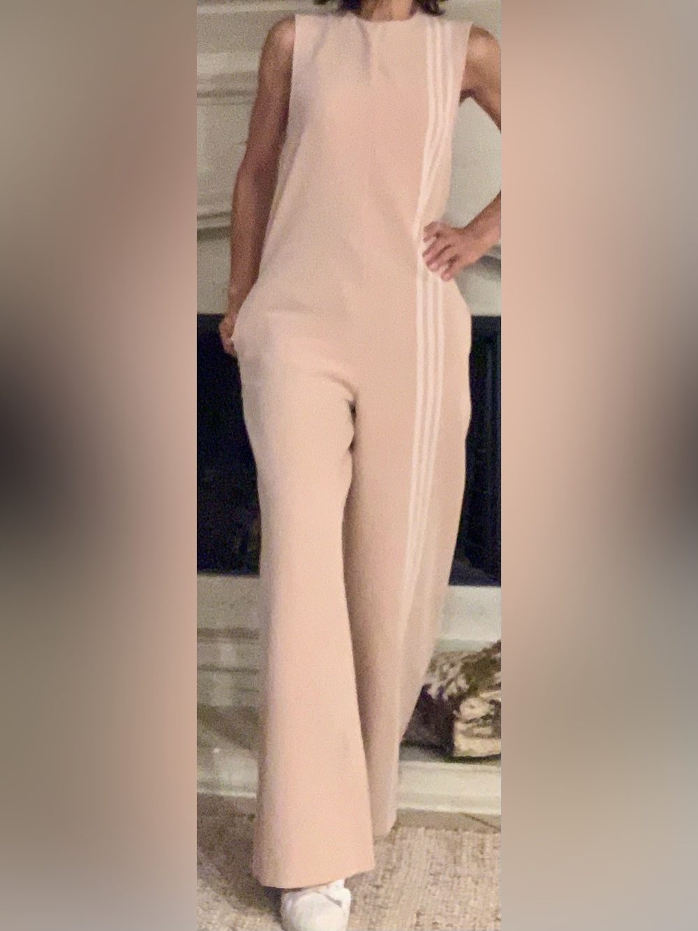 “adidas” Wide-Leg Pants suit in Blush w/ Side Stripe & Zipper side pockets